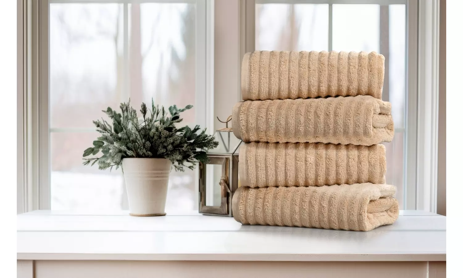 Bibb Home 4 Pack Ribbed Egyptian Cotton Bath Towel Set
