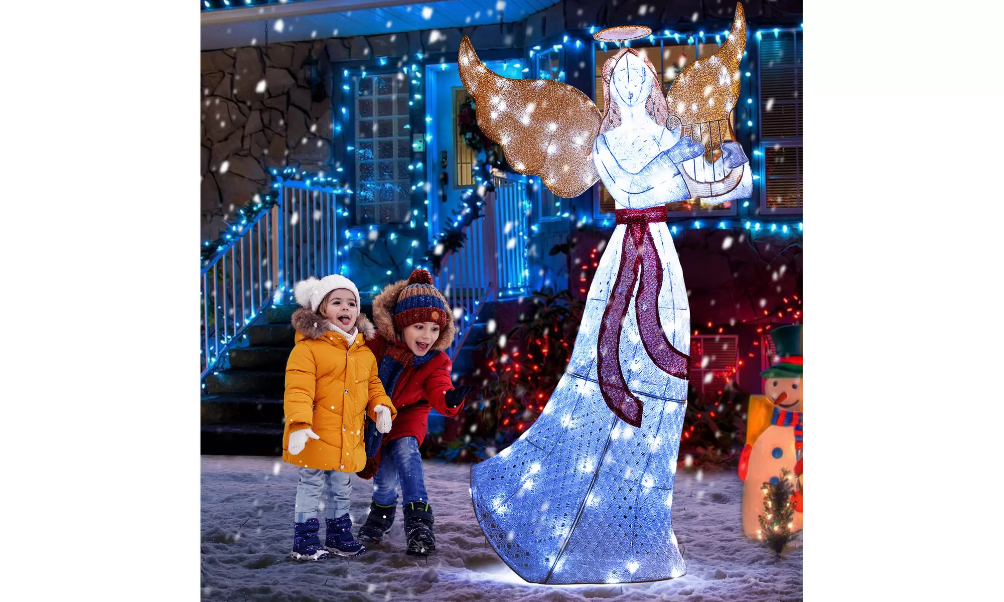 Costway Lighted Angel Outdoor Pre-Lit Angel with Trumpet Halo Wings Christmas
