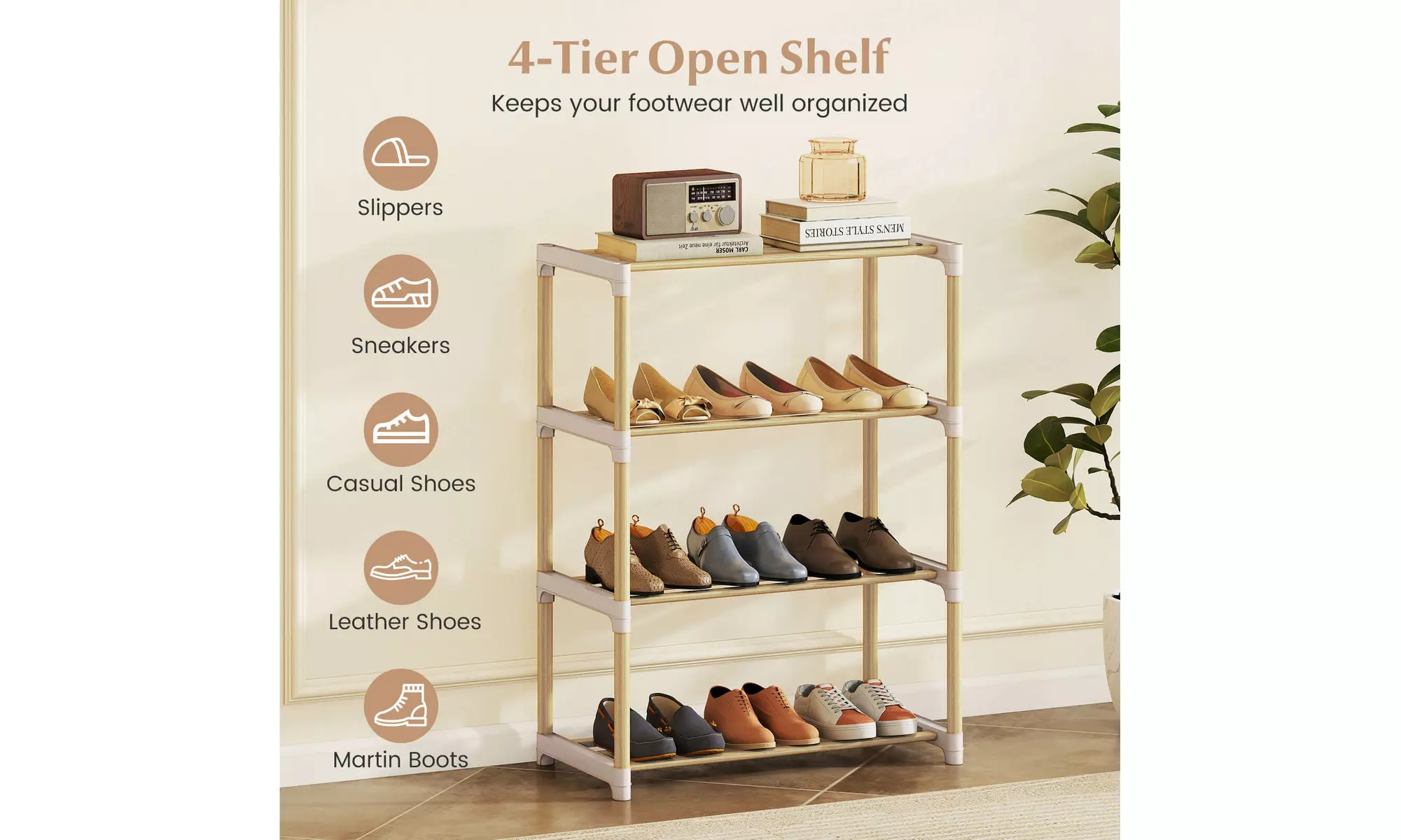Costway Solid Wood Shoe Shelf Stand with Slatted Open Shelves for Entryway