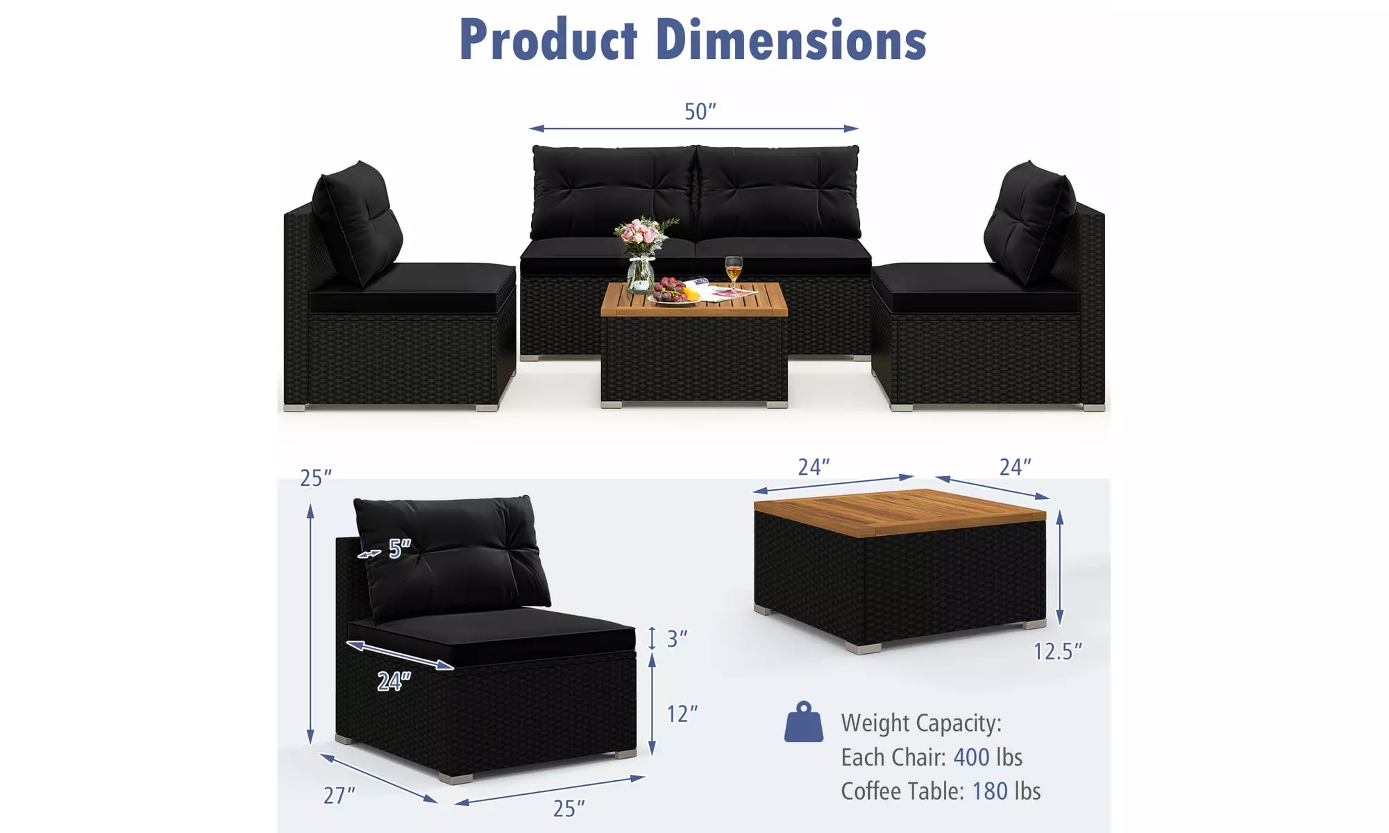 5 Piece Patio Rattan Furniture Set Acacia Wood Table Top Sofa Cushion Deck