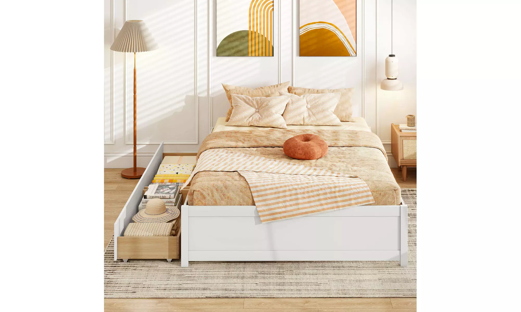 Costway Wooden Platform Bed Frame with 2 Rolling Storage Drawers