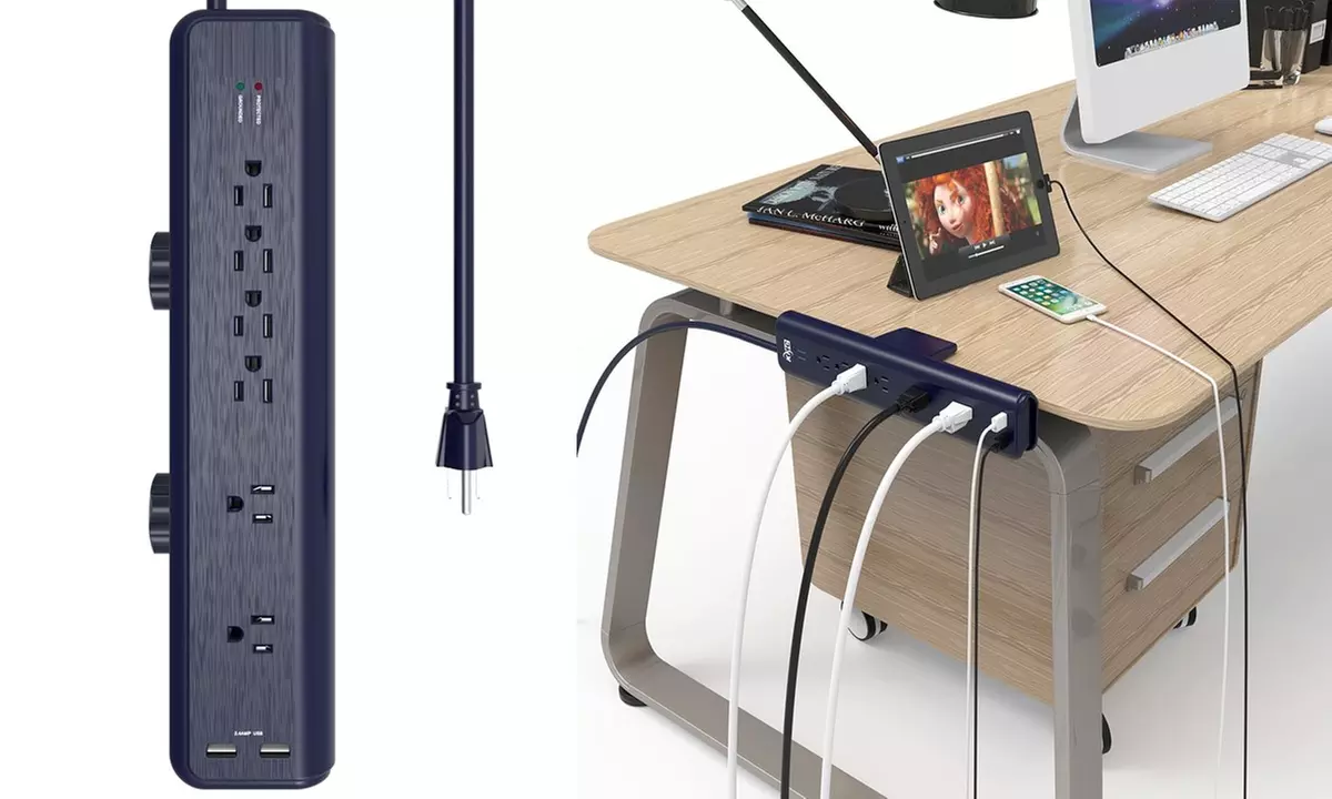 6-Outlet and 2 USB Charging Port Workshop Power Strip with Clamp Mount - Primary Image