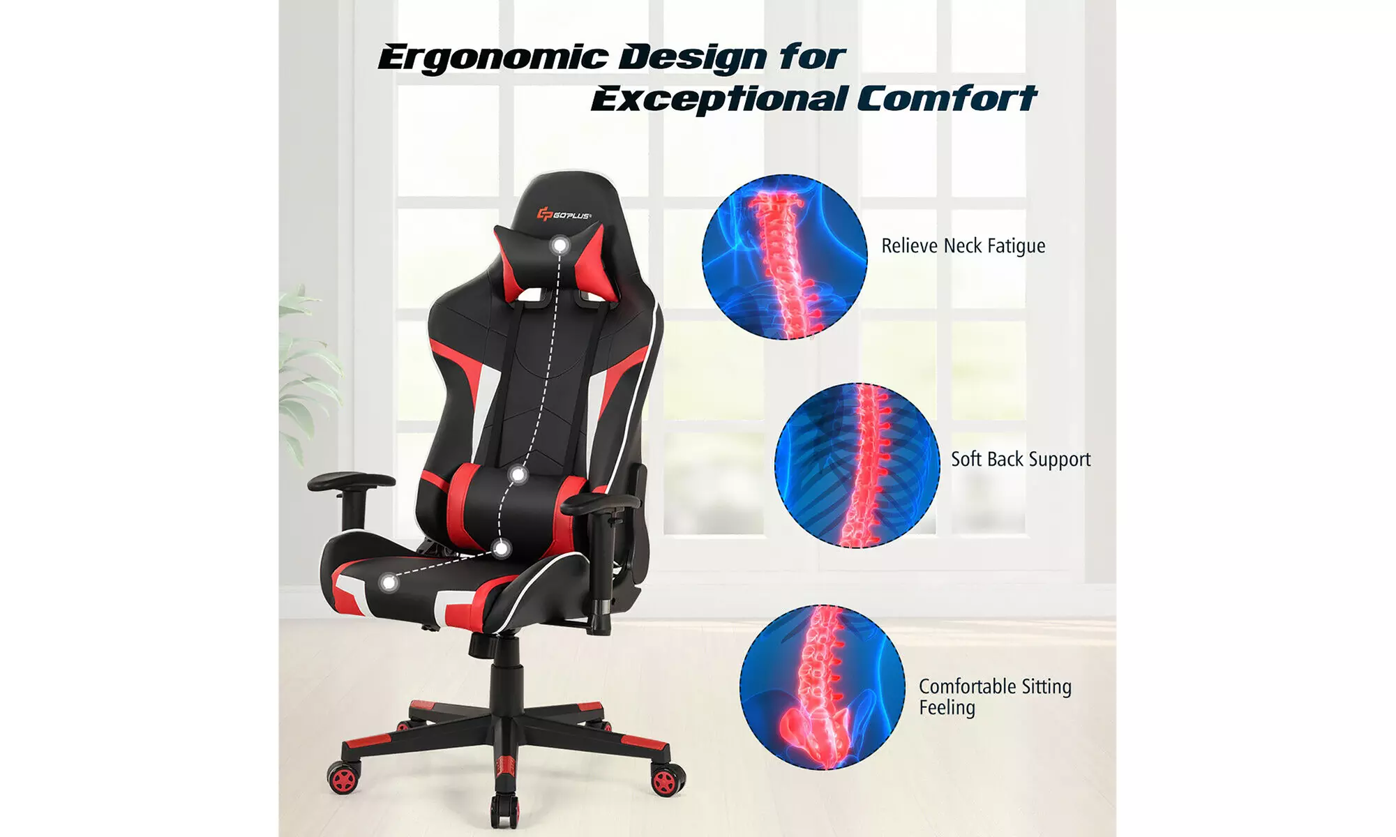 Reclining Massage Gaming Chair with Lumbar Support and Headrest