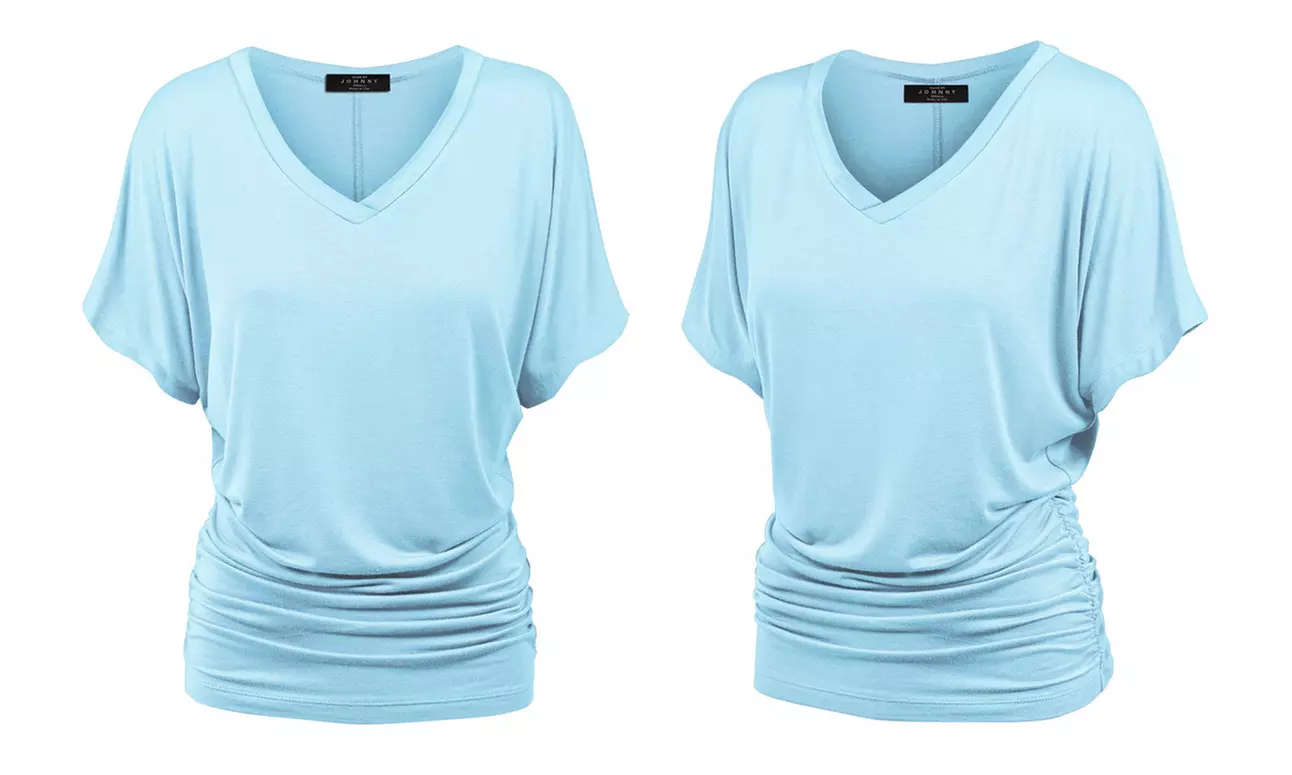 Made by Johnny Womens Solid Short Sleeve V-Neck Dolman Top with Side Shirring