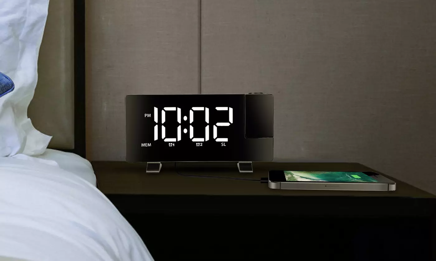 iMounTEK Digital LED Projection Alarm Clock w/ Curved-Screen & USB Charging Port