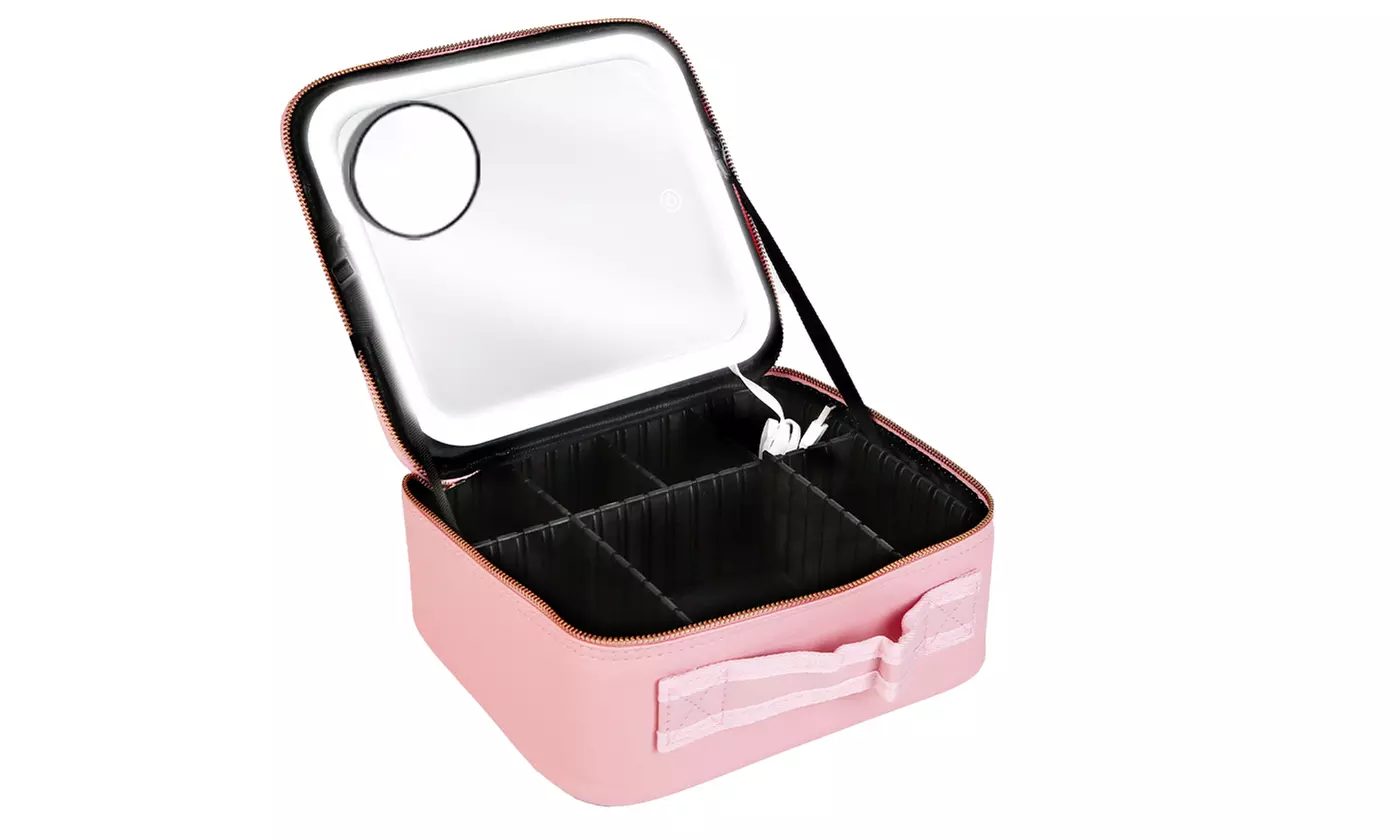 N'POLAR Travel Makeup Bag with Adjustable Dividers, LED Mirror and Brush Holder