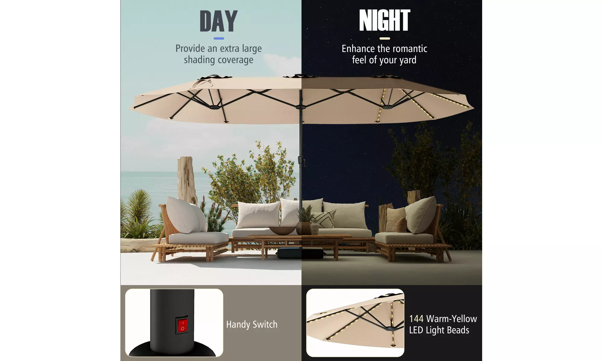 Costway 15.5 FT Extra-Large Patio Umbrella with LED Solar Lights