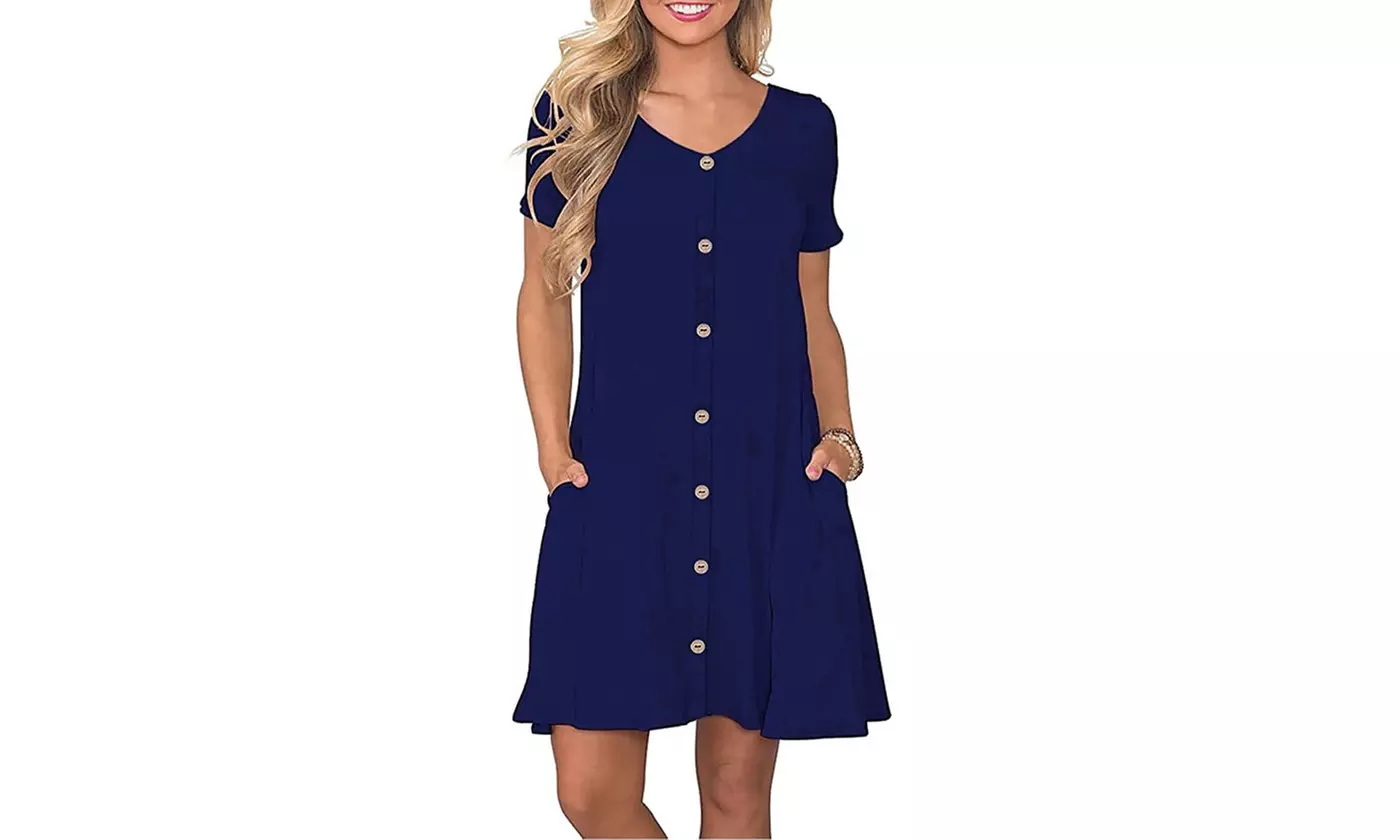 LESIES Women's Summer Casual Tunic Dresses Button Down Swing Dress with Pockets