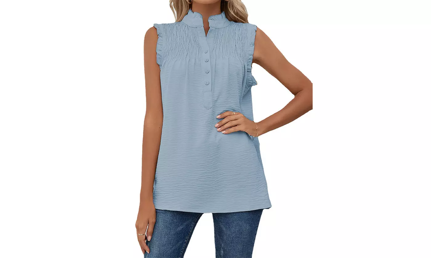 Women's Summer Casual Chiffon Blouses Ruffle Sleeve Tunic Shirts
