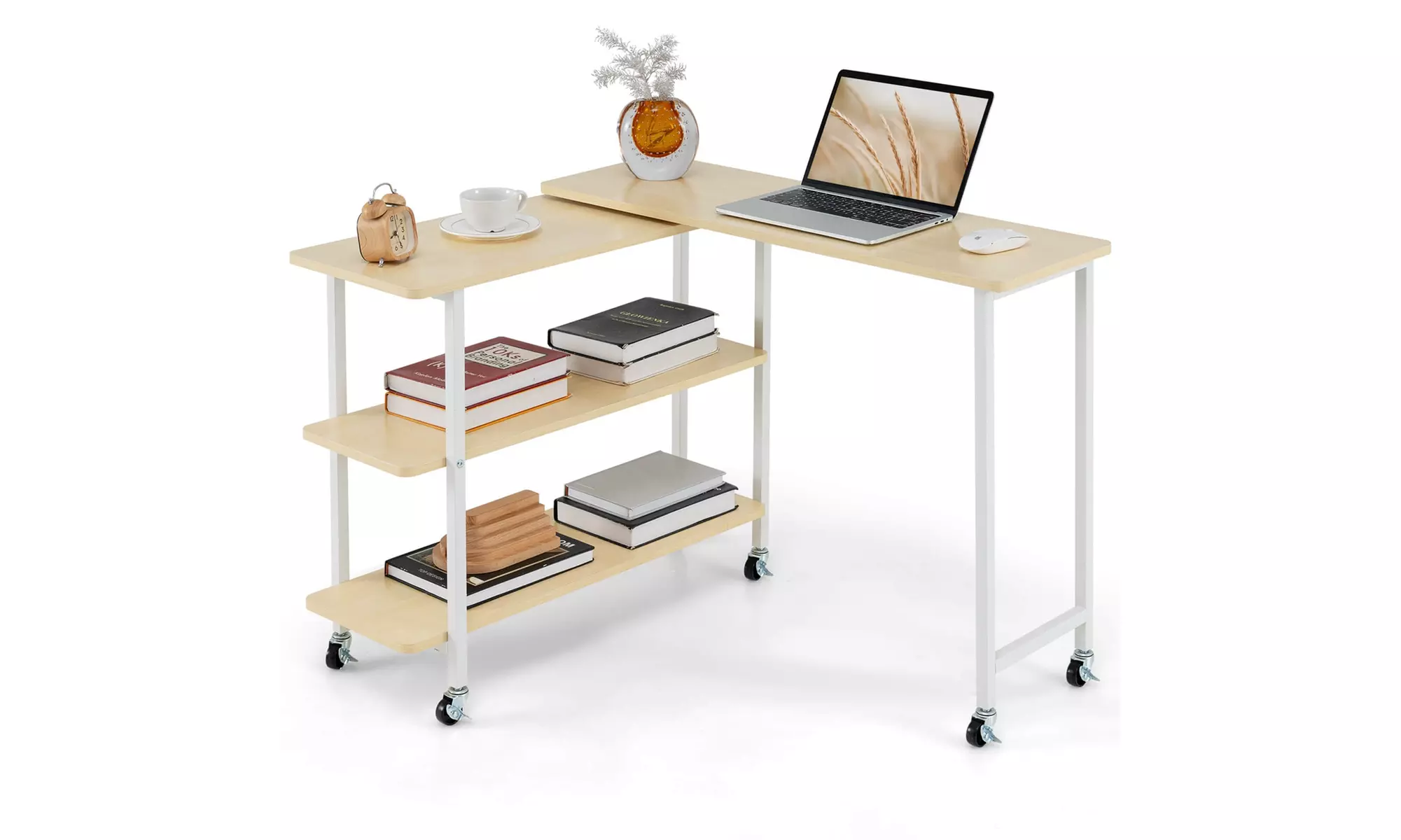 Costway 360-degree Rotating L-Shaped Sofa Side Table with Shelf