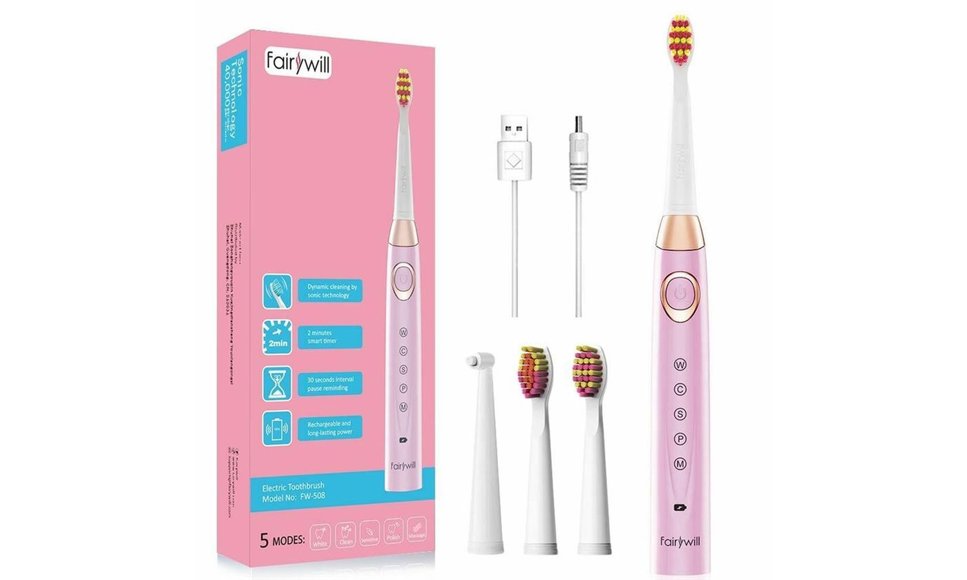 Fairywill Pink Electric Toothbrush with 5 Modes
