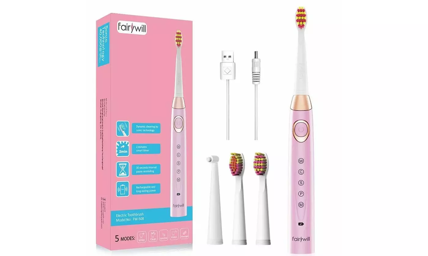 Fairywill Pink Electric Toothbrush with 5 Modes