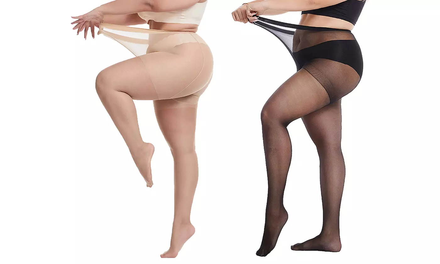 2 Pairs Women' Plus Size Pantyhose High Waist Sheer Queen Tights Control Top - Primary Image