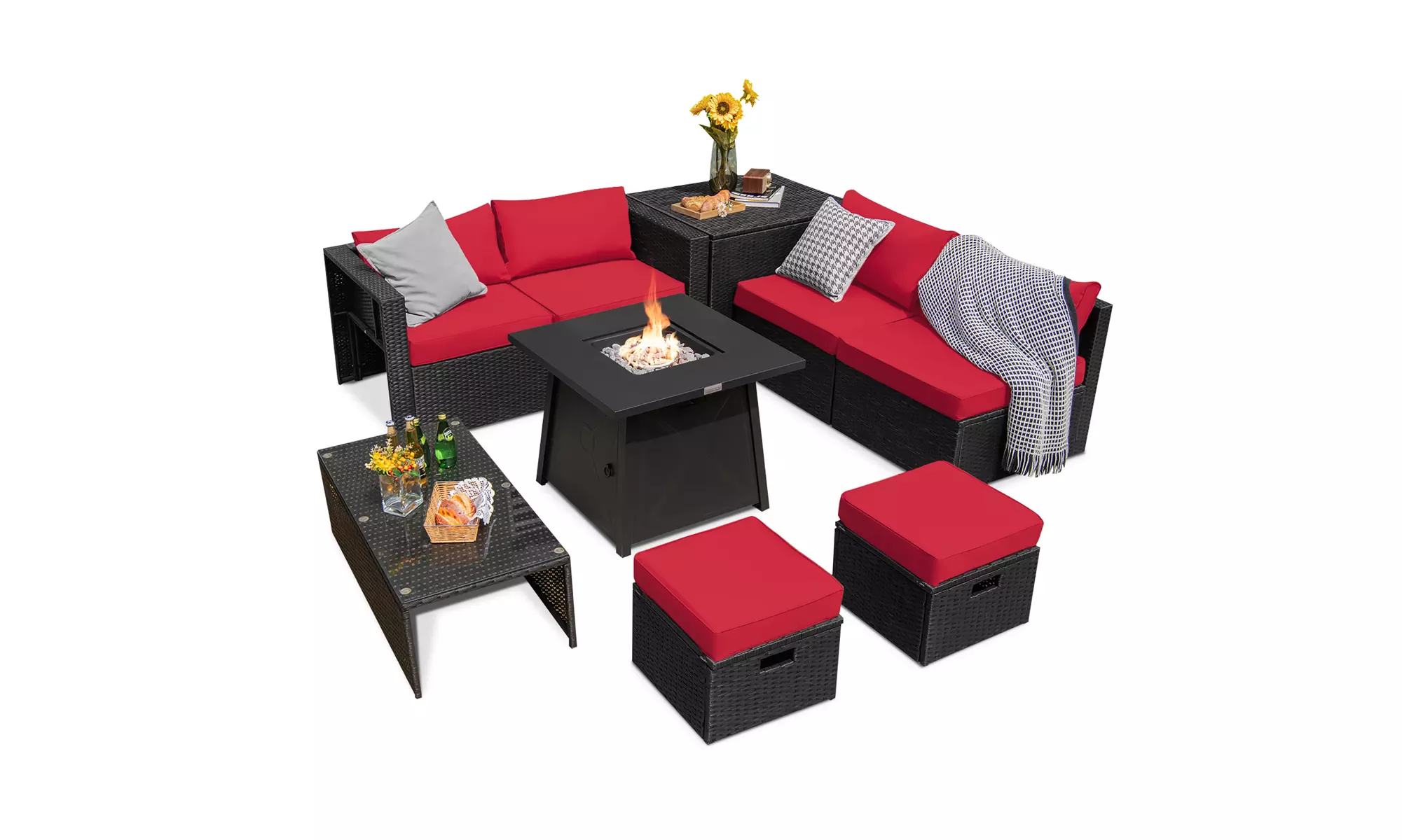Costway 9PCS Patio Rattan Furniture Set Fire Pit Space-saving W/Cover  Cushion
