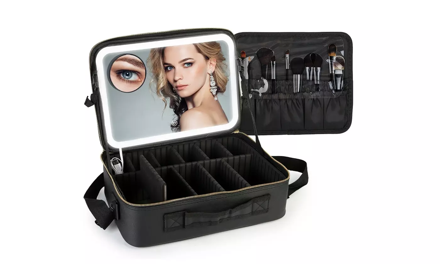 N'POLAR Travel Makeup Bag with Adjustable Dividers, LED Mirror and Brush Holder