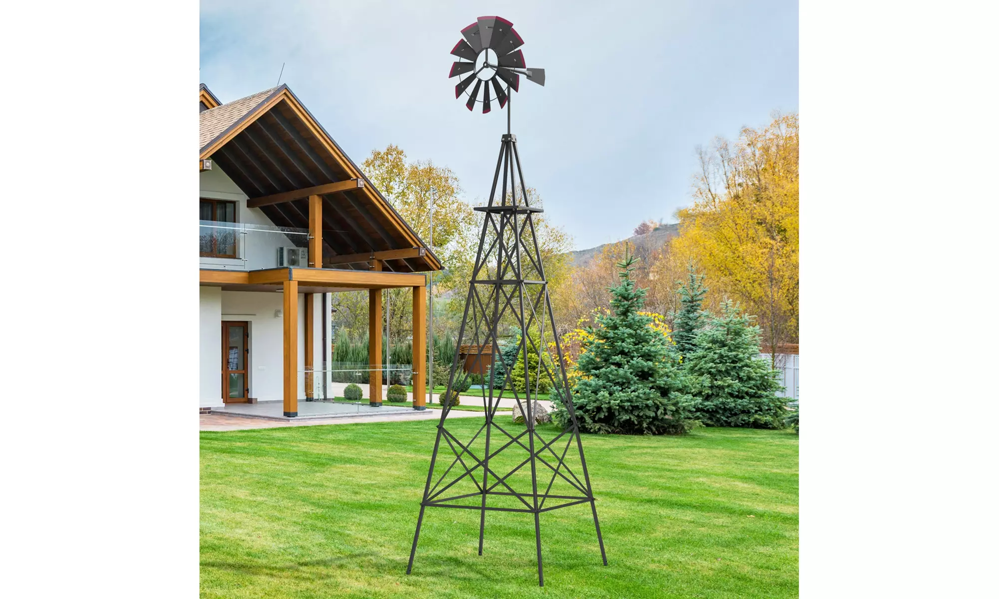 Costway 8Ft Tall Windmill Ornamental Wind Wheel Silver Garden Weather Vane