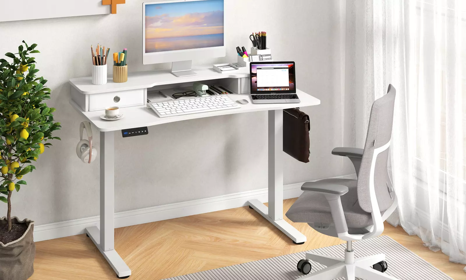 Costway Electric Standing Desk with 2 Drawers Monitor Stand Storage Shelf