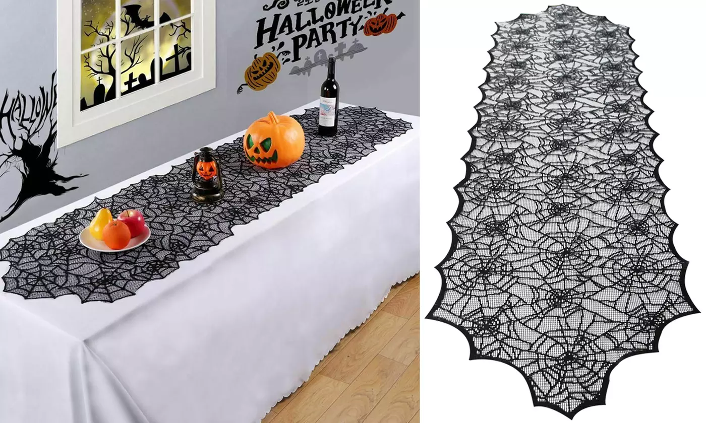 Halloween Black Lace Spider Web Table Runner Tablecloth Home Table Decor - Primary Image