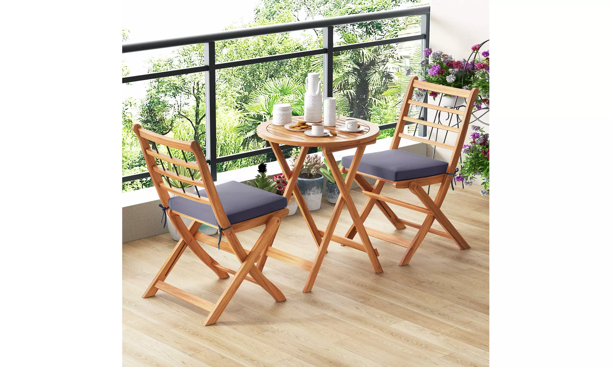 Costway 3 PCS Acacia Wood Patio Bistro Set Folding Outdoor Table and Chairs