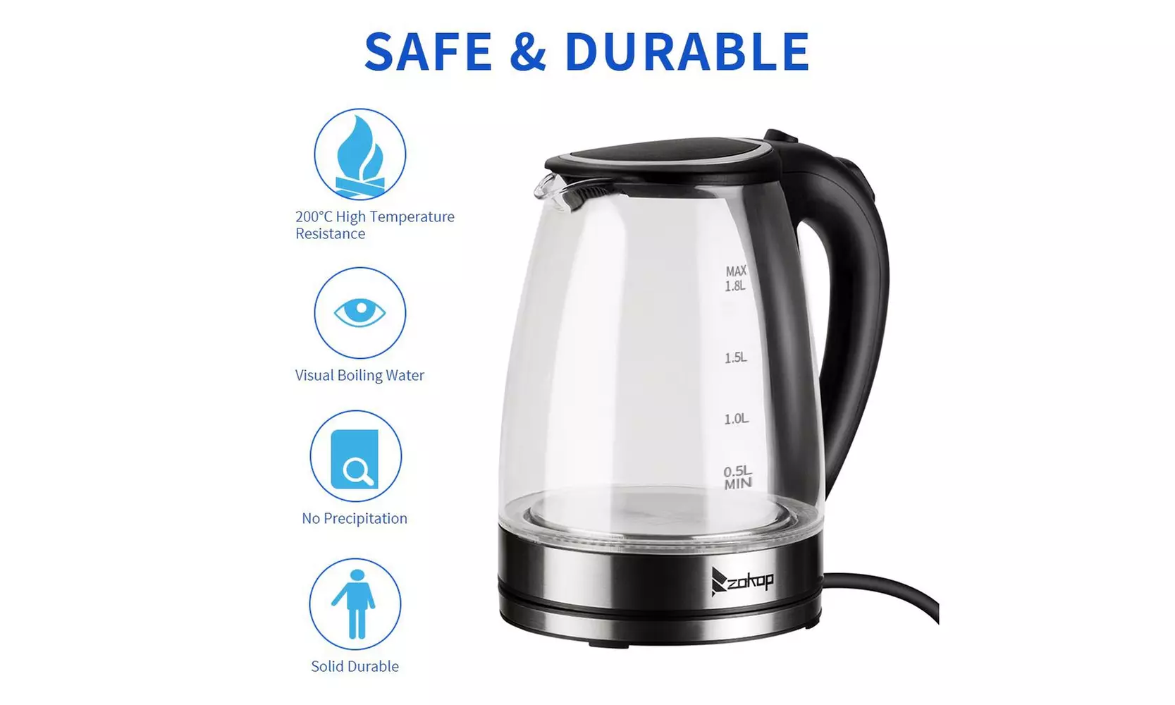 Electric Kettle, Fast Heat with Auto Shut off, Boil Dry Protection, Black - Primary Image