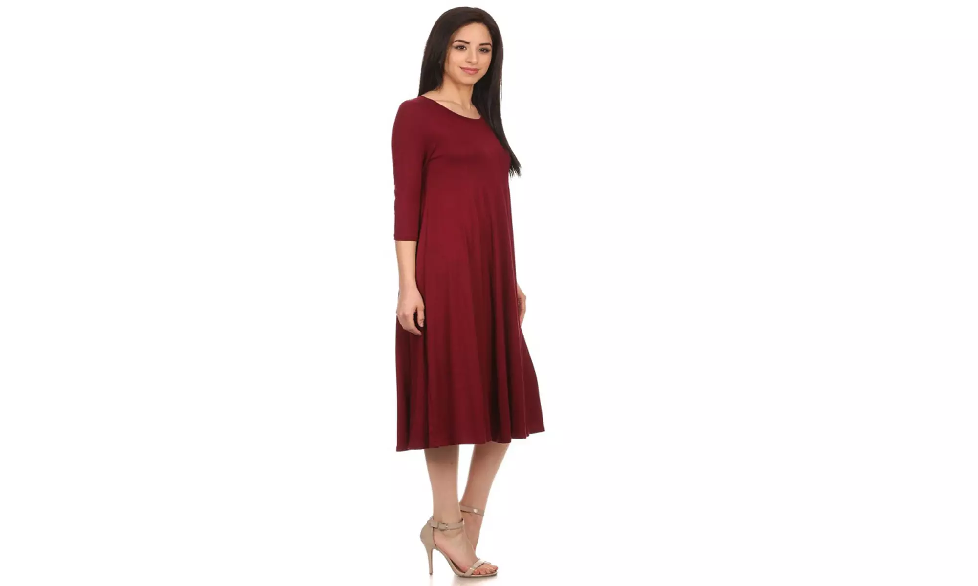 Women's Solid Casual Comfy 3/4 Sleeve Loose Fit A-line Midi Dress