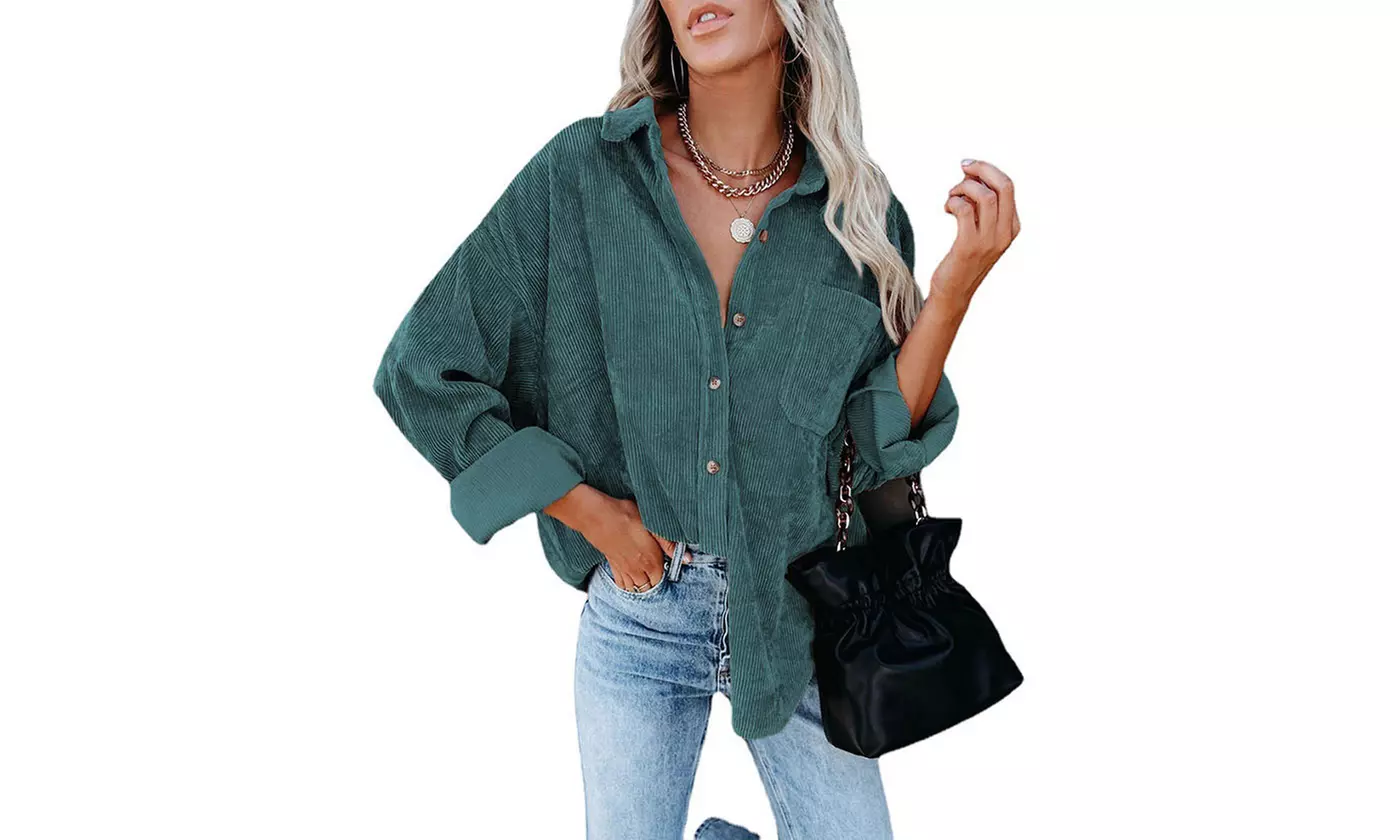 Women Loose Casual Corduroy Button Down Shirts Long Sleeve Blouses Tops