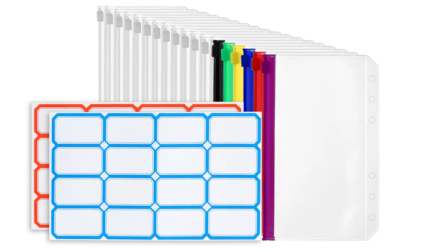 18Pcs Binder Pockets A6 Size 6 Holes Binder Zipper Folders with 2 Sticker Sheets - Primary Image
