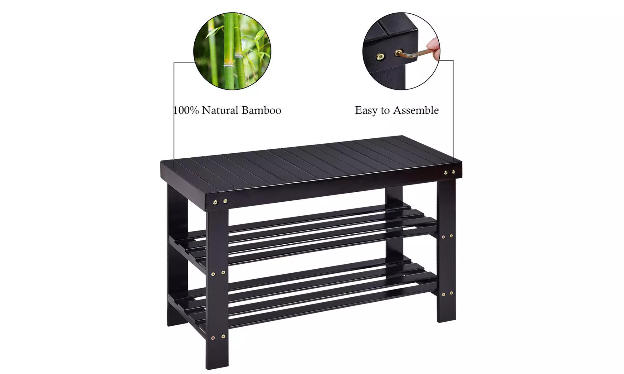 3 Tier Bamboo Shoe Rack Bench Storage Shelf Organizer Entryway Black