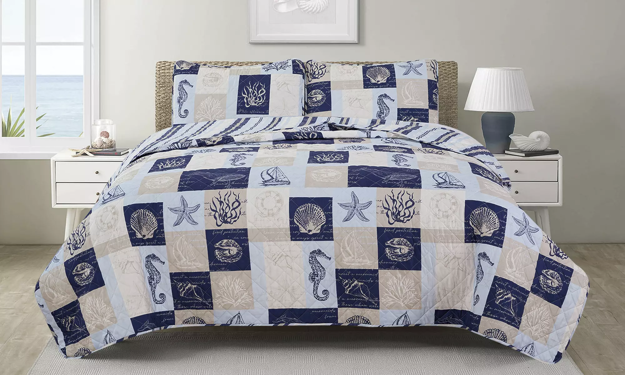 Reversible Patchwork Coastal Quilt Set (2- or 3-Piece)