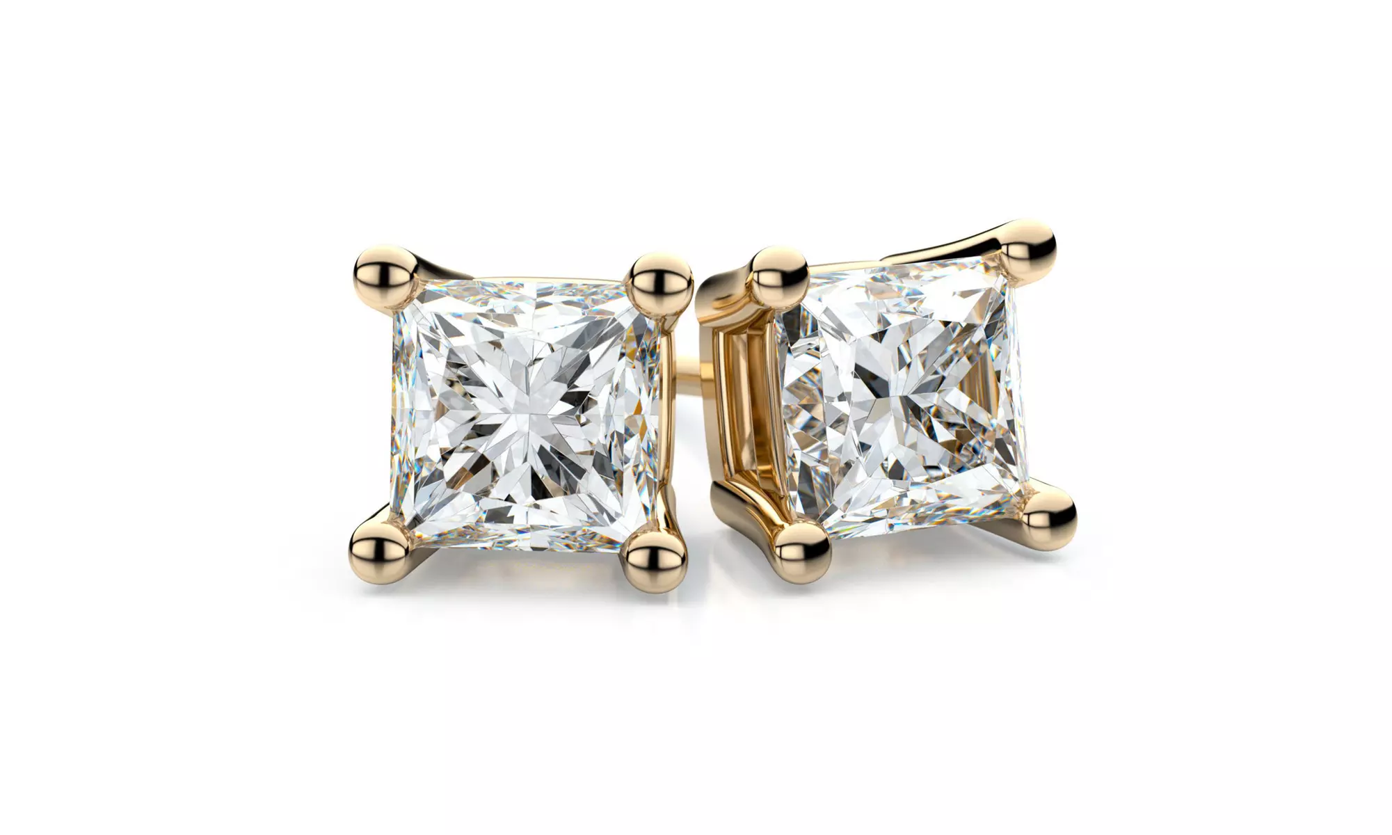 14K Yellow Gold plated 3 Ct Princess White Sapphire Stud Earrings Vs1 - Second Medium