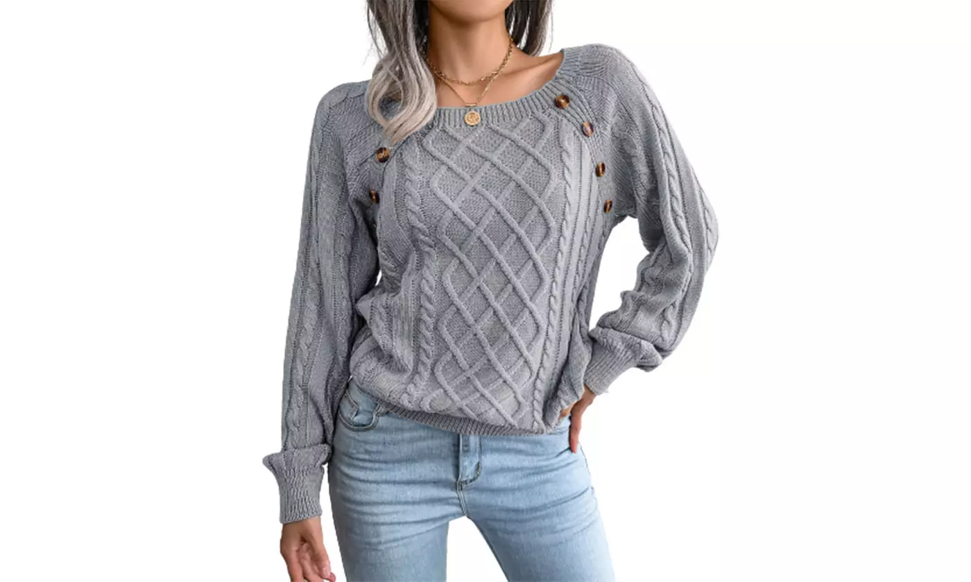 Women's Bishop Sleeve Sweater Button Decor Solid Color Pullover Jumper Tops