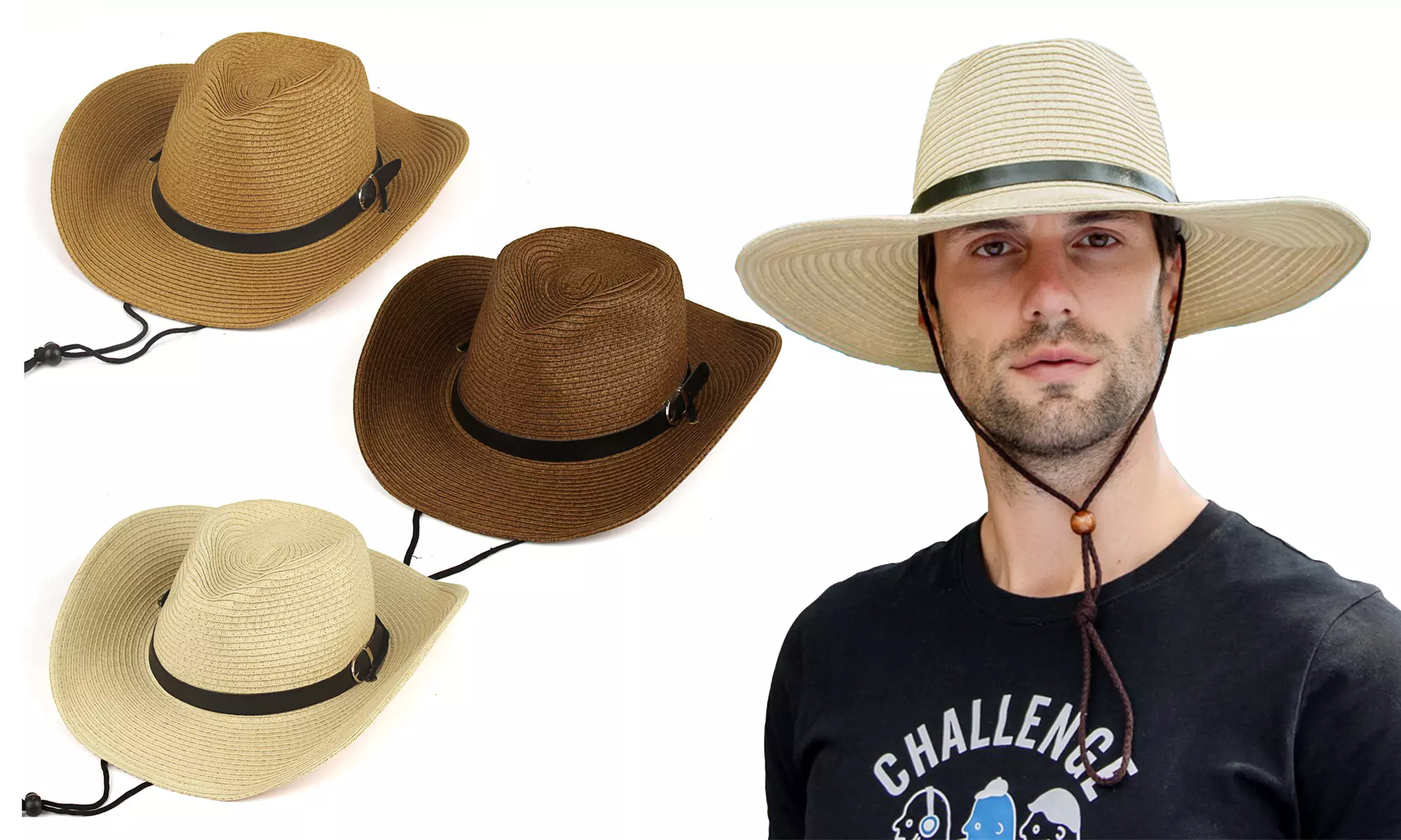 Men's Straw Cowboy Hat Wide Brim Western Cowboy Hats Belt Buckle Panama Hat - Primary Image