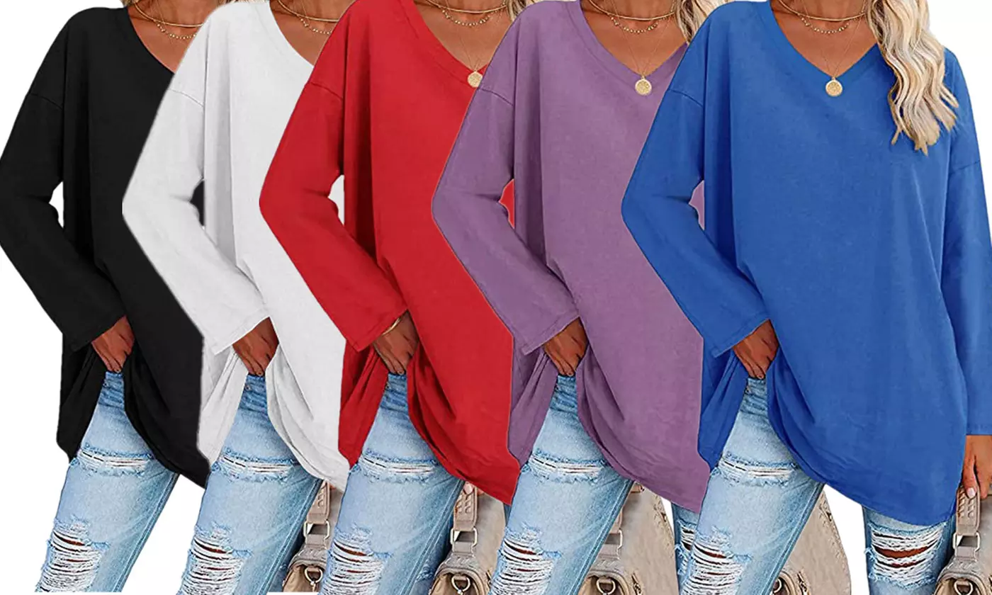 LESIES Women's Oversized T Shirts Tees Long Sleeve V Neck Tunic Tops - Primary Image