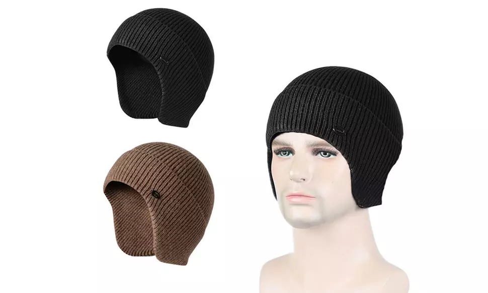 Men Plain Knit Winter Warm Fleece Cap Hat Beanie Ear Flaps Work Outdoor