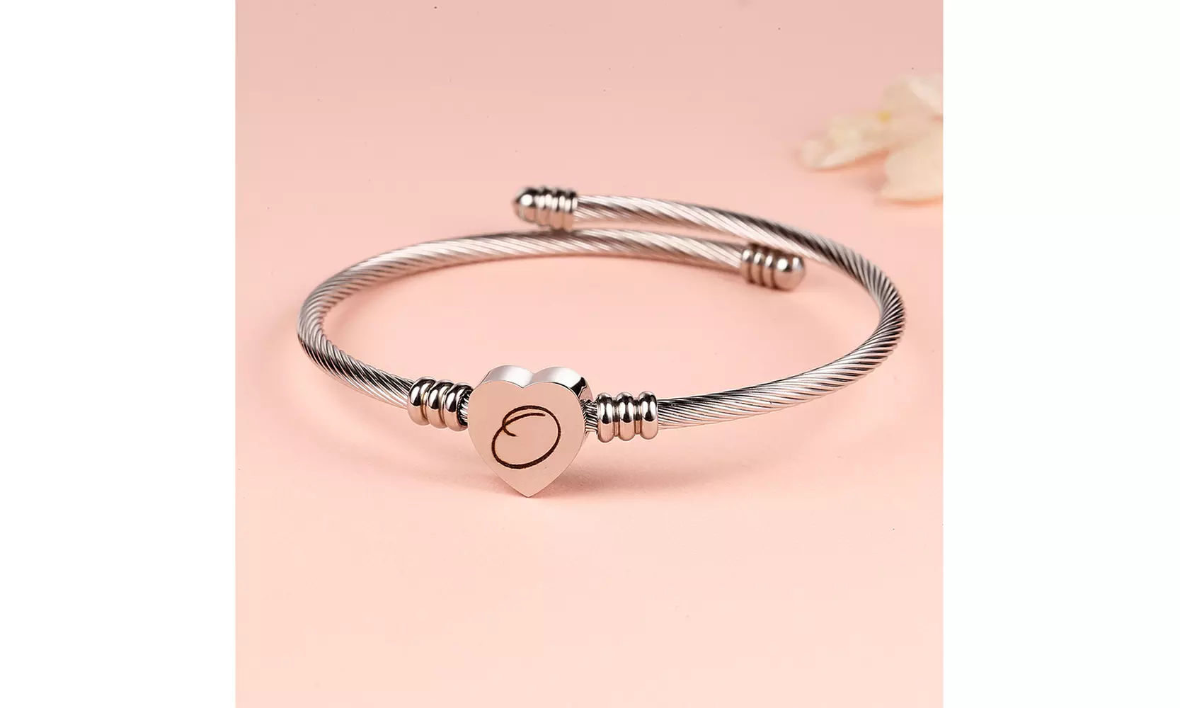 Twisted Steel Heart Cable Initial Bracelet