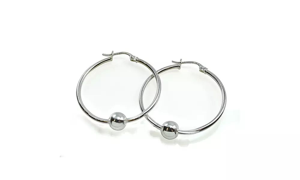 Sterling Silver Bead Round Hoop Earrings, 20mm