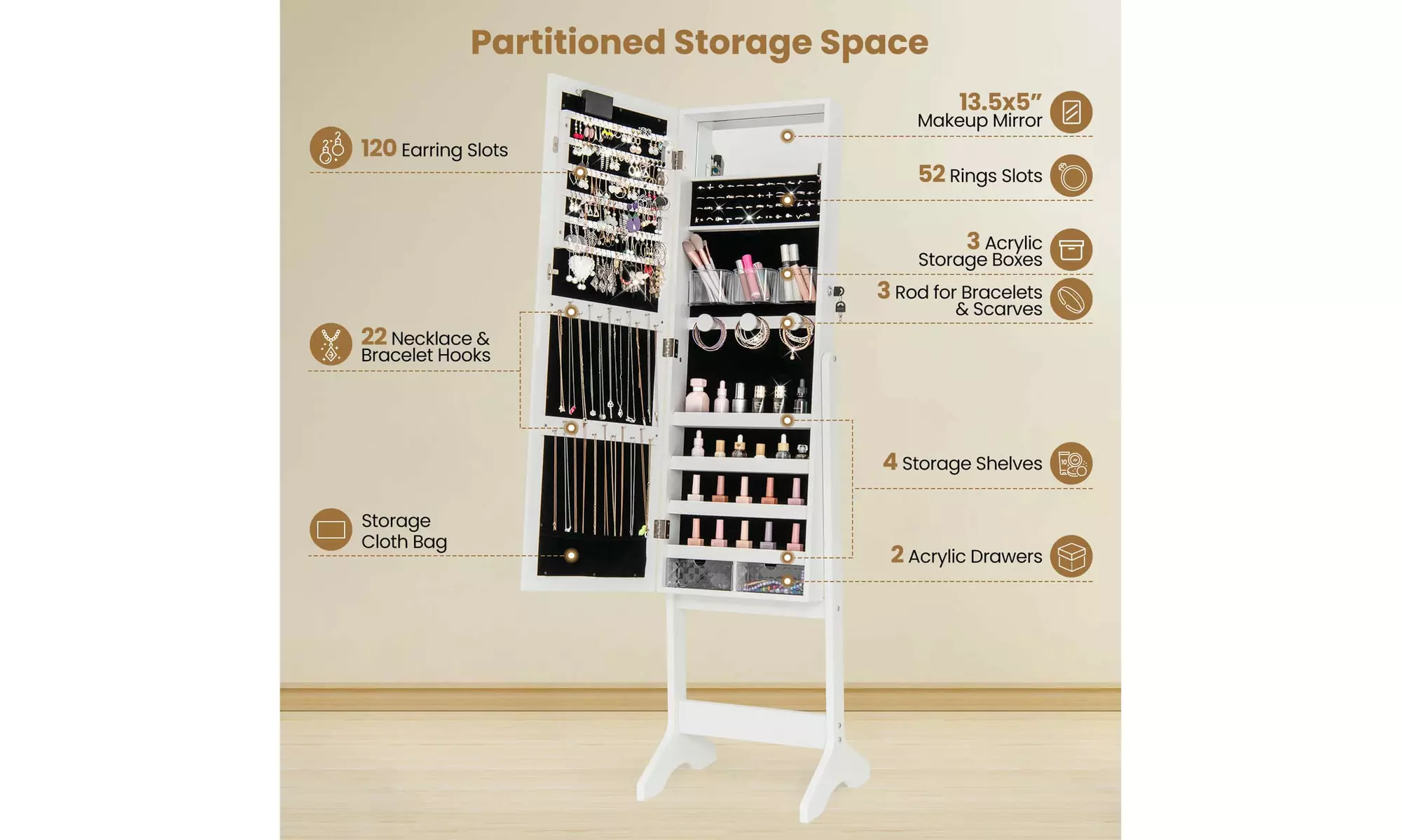 Costway Full-Length LED Mirror Jewelry Cabinet with 20 LED Lights