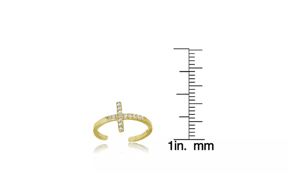 Yellow Gold Flashed Sterling Silver Cubic Zirconia Sideways Cross Toe Ring - Second Medium