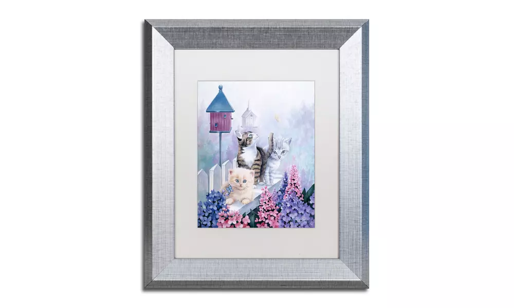 Jenny Newland 'Cats In Front Of The Birdfeeder' Matted Silver Framed Art - Primary Image