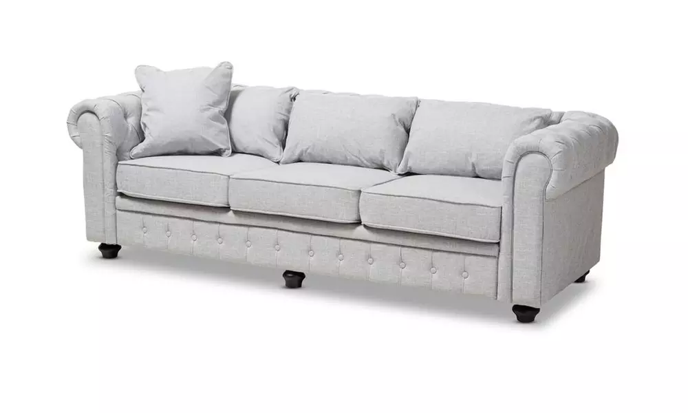 Alaise Beige or Gray Linen Tufted Scroll Arm Chesterfield Sofa - Primary Image