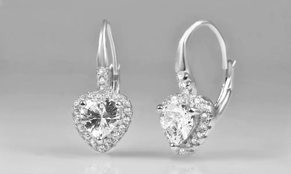 3.00 CTTW Heart Cut Halo Leverback Earrings With Crystals From Swarovski - Primary Image