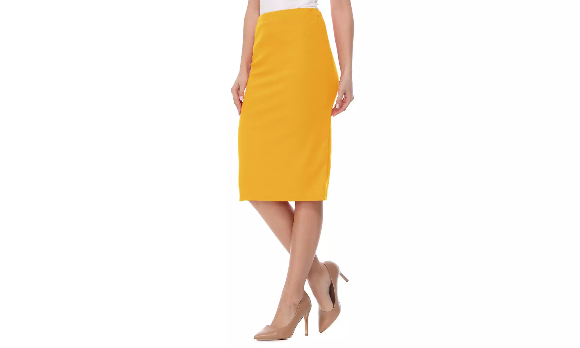 Women's Elastic High Waist Stretch Comfy Office Work Wear Solid Midi Skirt S-3XL