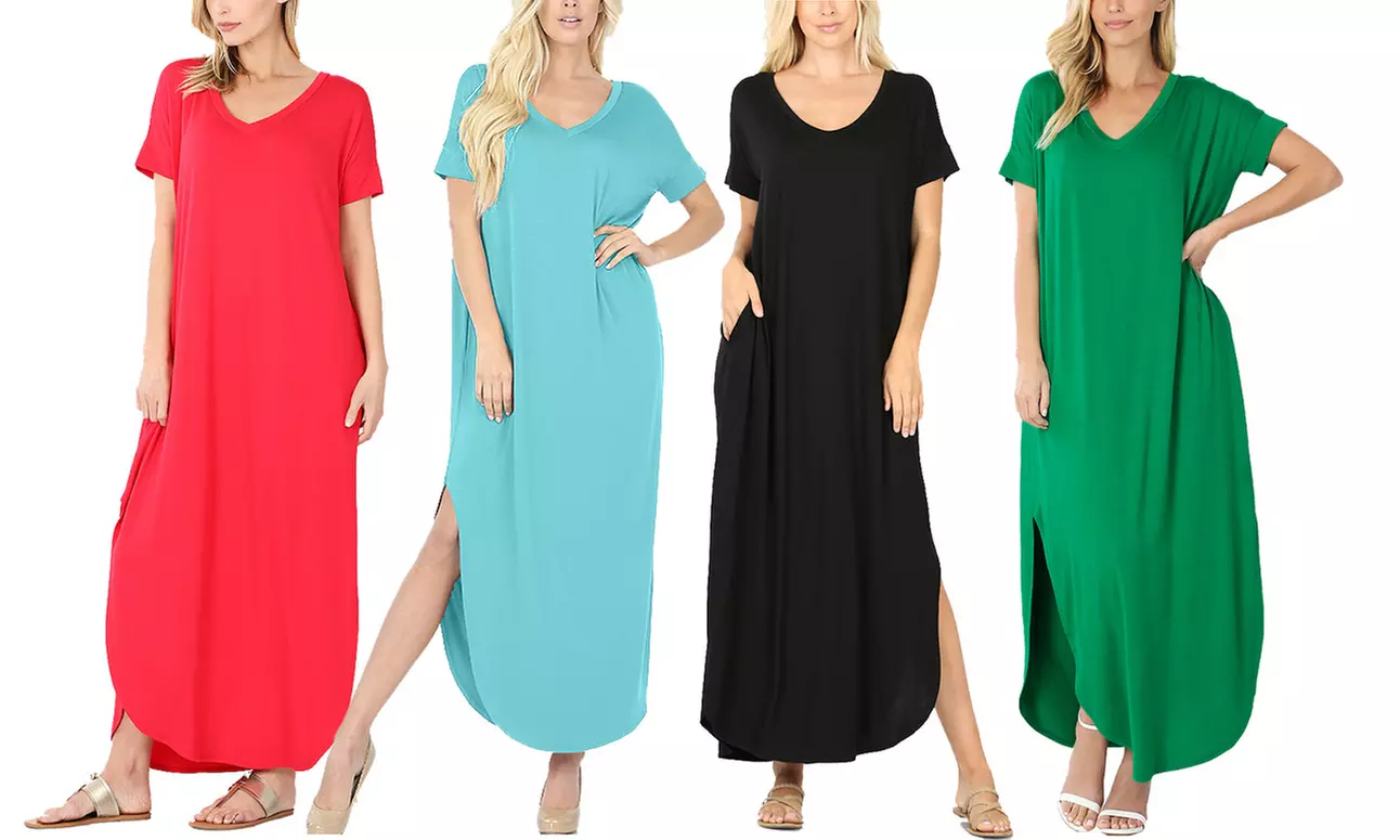 Haute Edition Slide Slit Short Sleeve V-Neck Maxi Dress with Pockets - Primary Image
