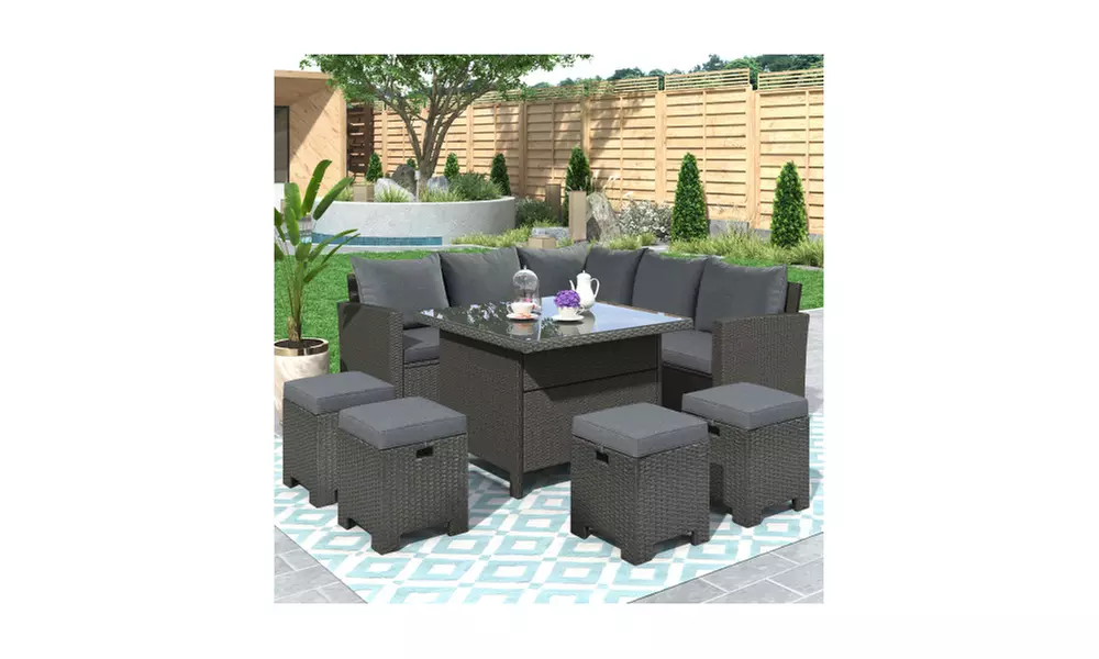 8 Piece Outdoor Conversation Set, Dining Table Chair with Ottoman, Cushions