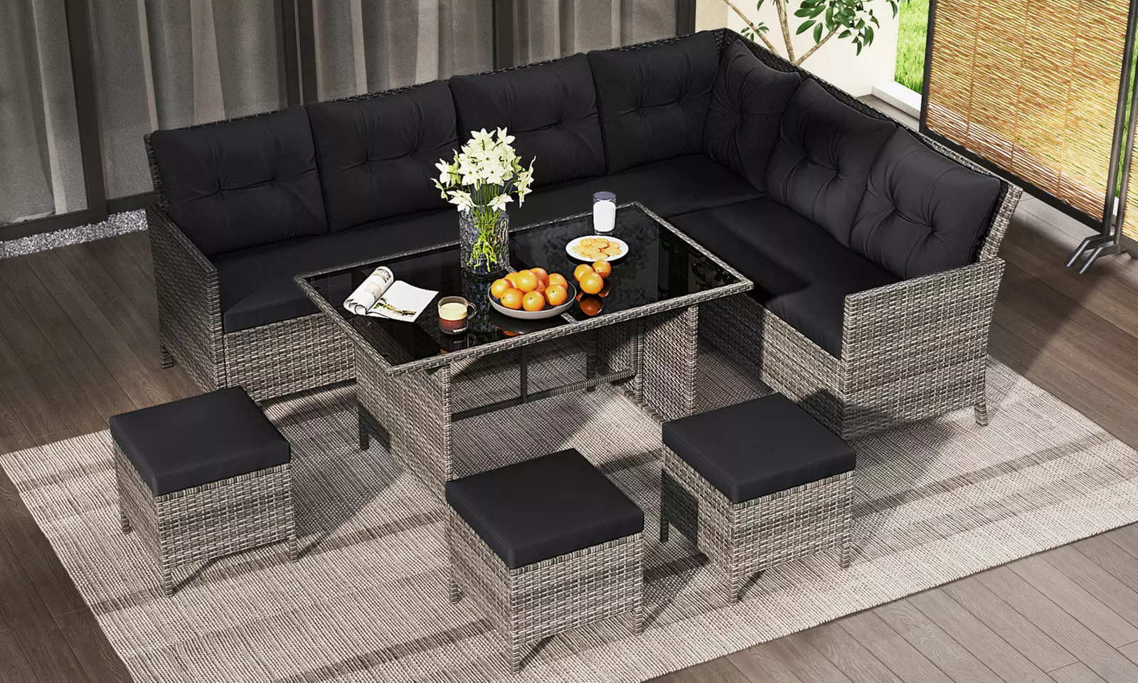 Costway 7-Piece PE Rattan Patio Dining and Sectional Sofa Set