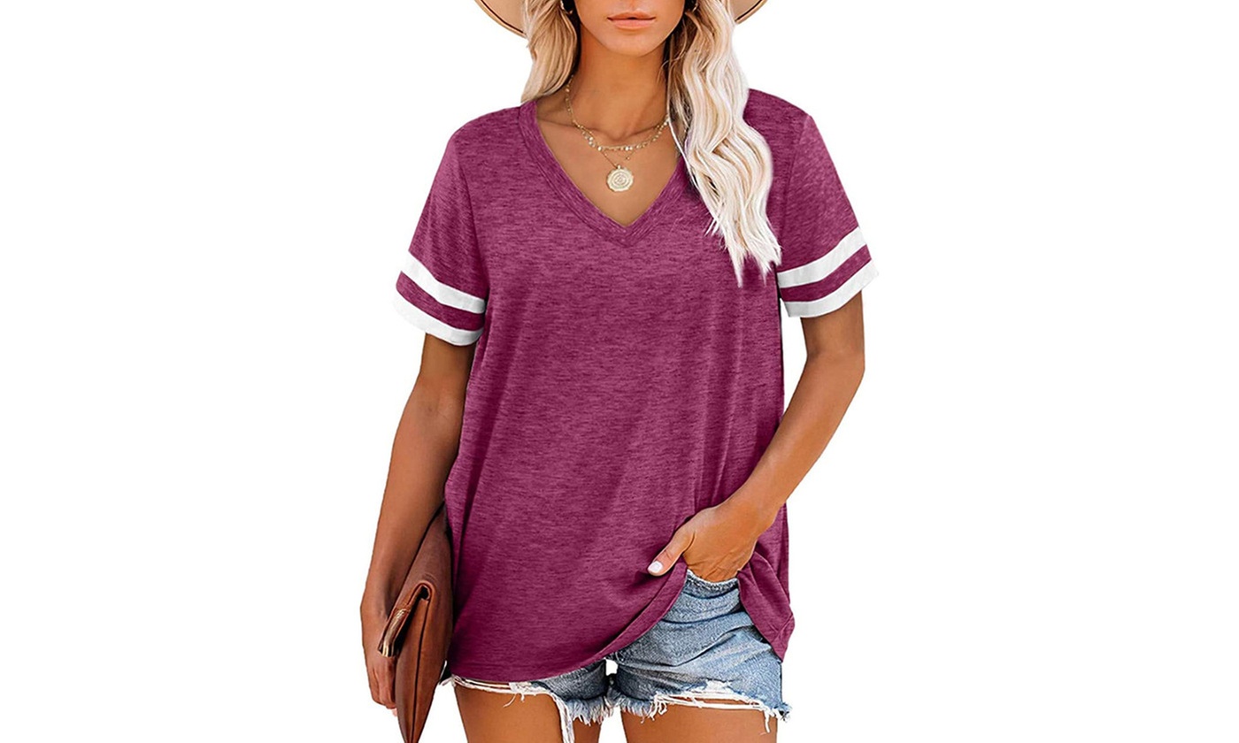 LESIES Women's V-Neck Tunic Style Short or Long Sleeve T-Shirts (S-2XL)
