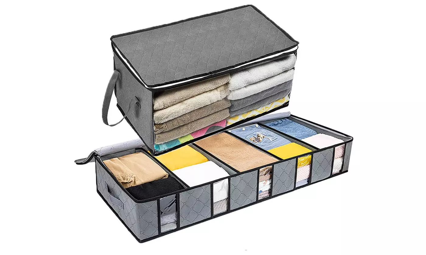 Under Bed Large Adjustable Dividers Clothes Storage Organizer Bag Set(2-Pack)