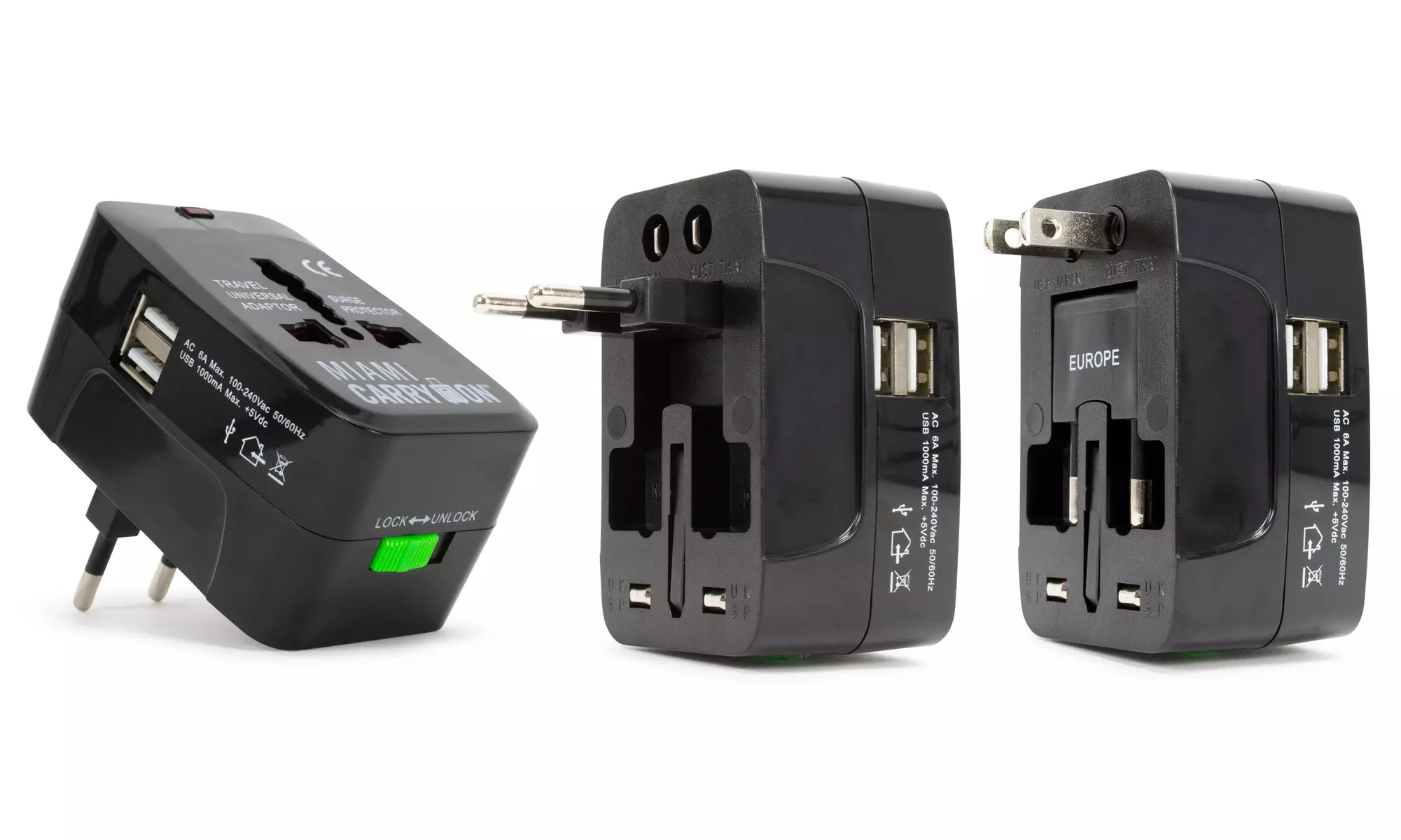 Miami CarryOn International Travel Adapter with Two USB Ports (1/2/3/4 Packs)