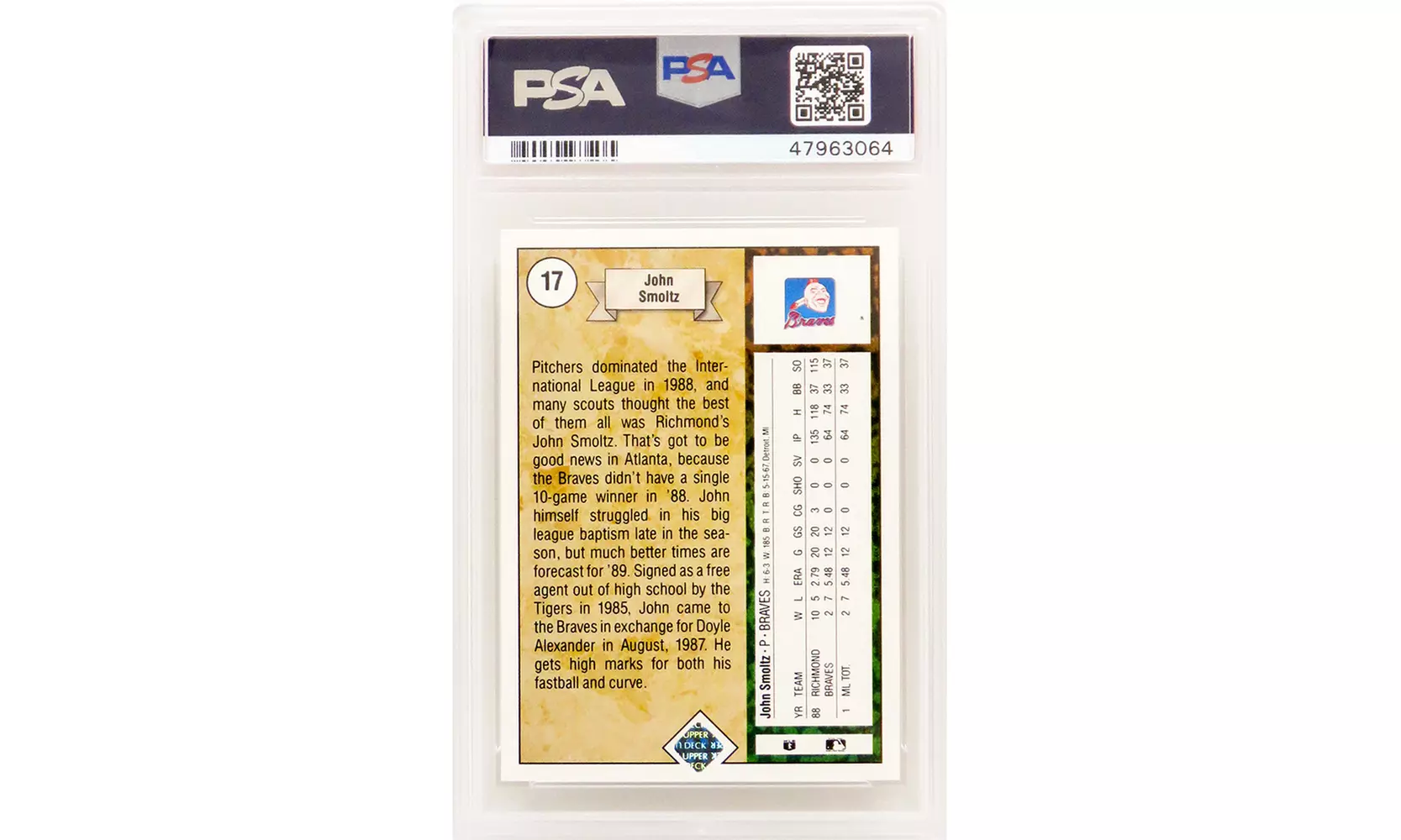 John Smoltz 1989 Upper Deck Baseball #17 RC Rookie Card - PSA 10 GEM MINT - Second Medium