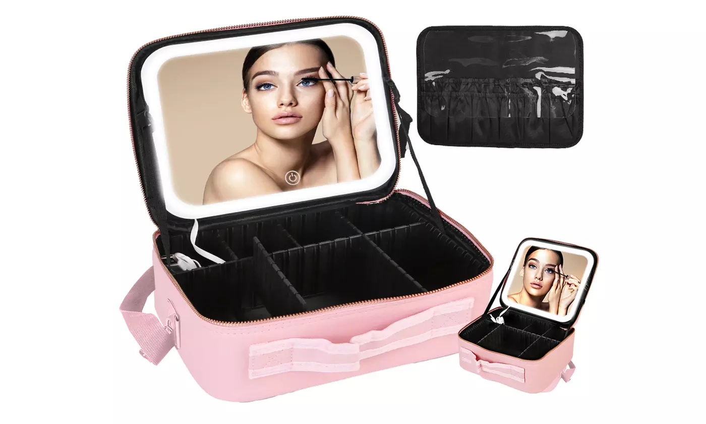 N'POLAR Travel Makeup Bag with Adjustable Dividers, LED Mirror and Brush Holder
